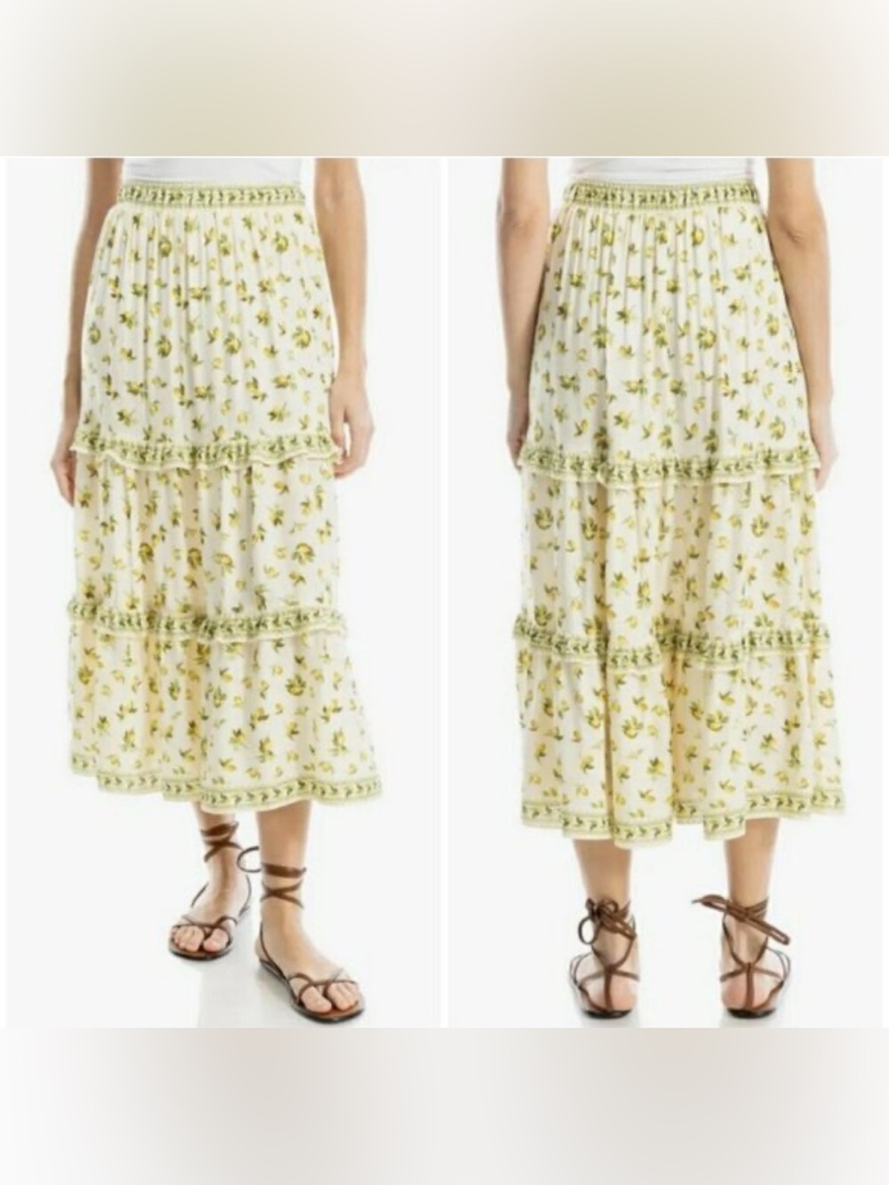 Max Studio Cream Midi Skirt with Green Floral Print